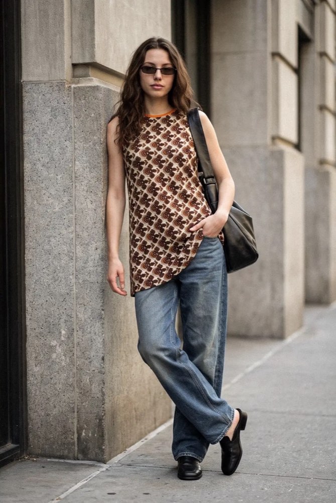 The same printed dress worn long as a sleeveless tunic over wide jeans, with loafers and a shoulder bag.