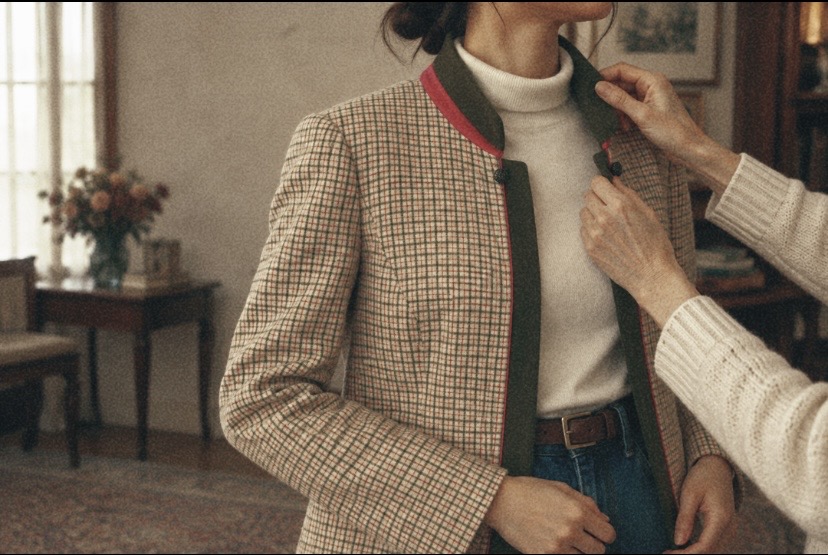 A young woman wearing an older check jacket with an olive collar over a white turtleneck and jeans. An older woman's hands straighten the collar.