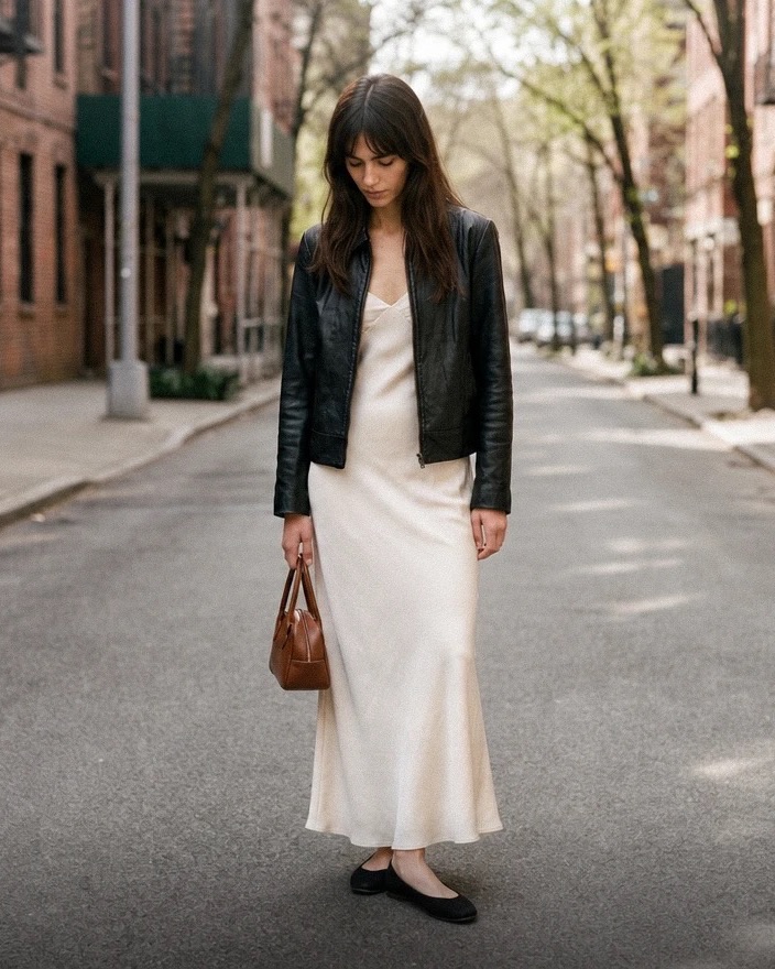 The same black leather jacket, open, over a cream slip dress with black ballet flats and a small tan bag, standing in a quiet tree-lined street.