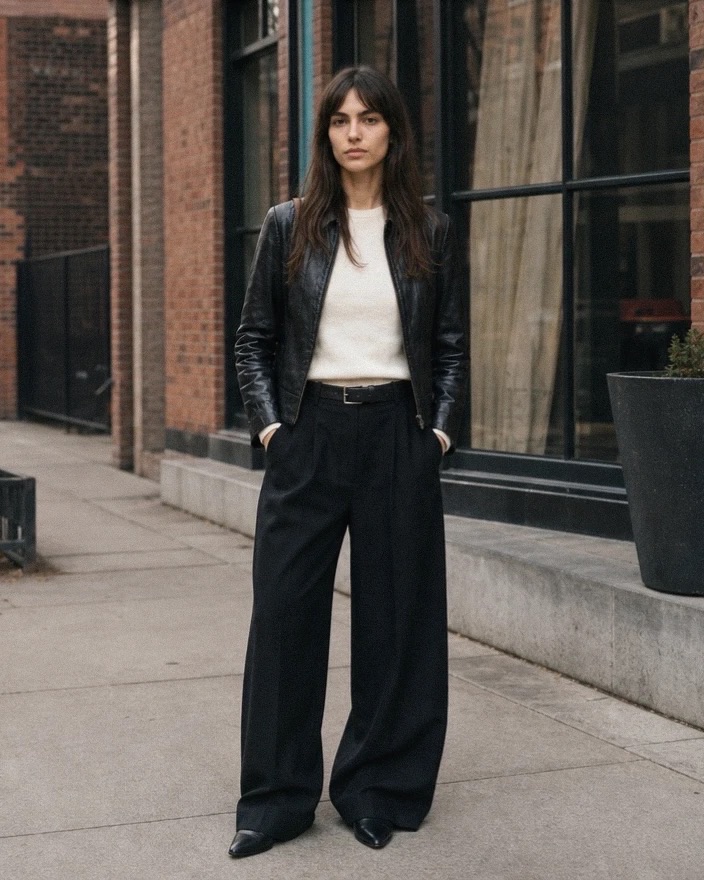 A black leather jacket open over a cream knit, with black wide trousers and a belt, standing on a brick-lined sidewalk.