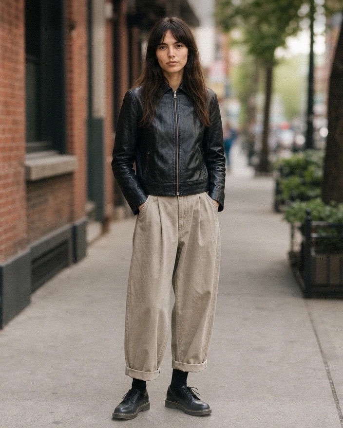 The same black leather jacket zipped up, with wide khaki pleated trousers cuffed over black lace-up shoes, on a tree-lined sidewalk.