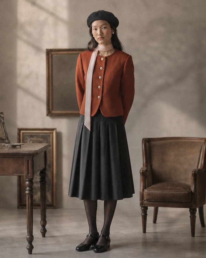 The rust jacket buttoned up with a black beret, a pale pink scarf, a black pleated skirt, tights and Mary Janes, standing in a room with a leather armchair.