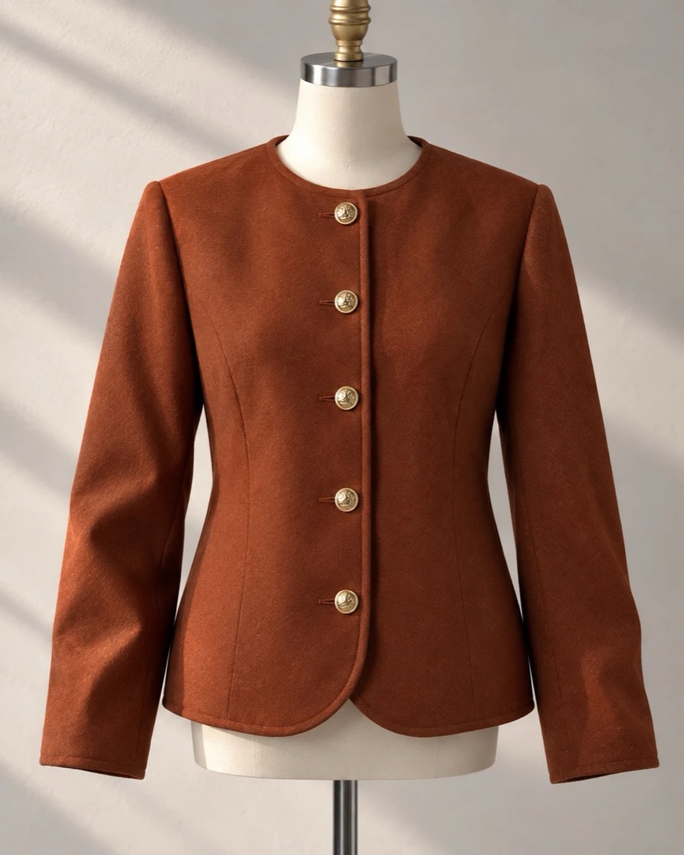 The older piece on a dress form: a rust-brown collarless jacket with five gold buttons and a curved hem, in soft window light.