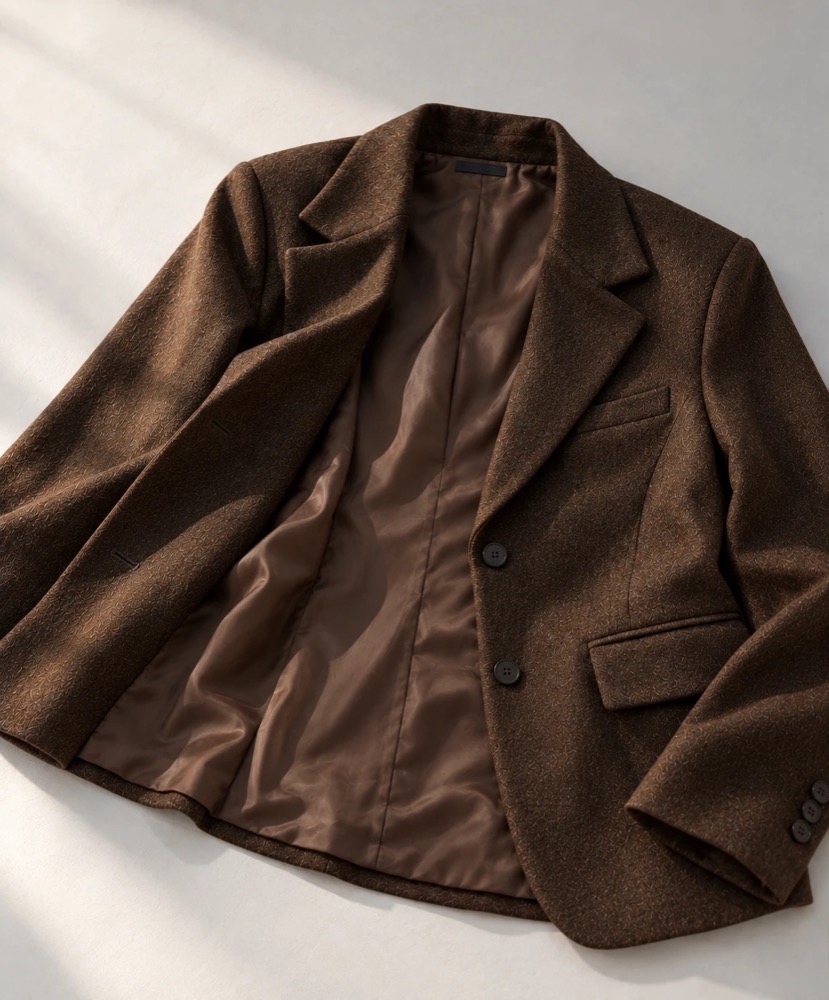 A brown textured blazer laid open on a white surface, showing its lining, two buttons and notched lapels.